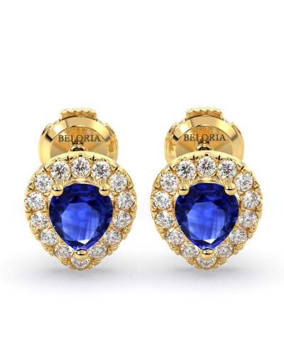 Boucles d'oreilles or jaune 18K saphir poire et halo de diamants
