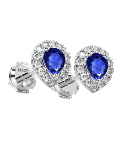 Boucles d'oreilles or blanc 18K saphir poire et halo de diamants