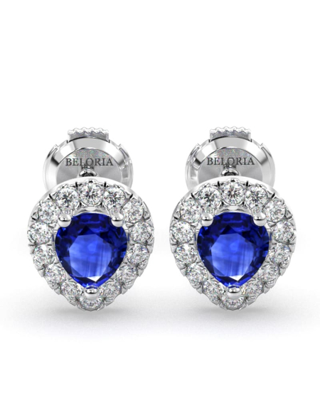 Boucles d'oreilles or jaune 18K saphir poire et halo de diamants 2