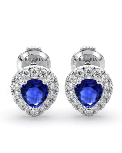 Boucles d'oreilles or blanc 18K saphir poire et halo de diamants