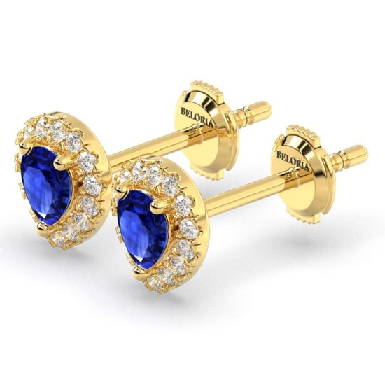 Boucles d'oreilles or jaune 18K saphir poire et halo de diamants