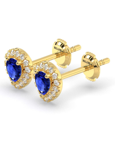 Boucles d'oreilles or jaune 18K saphir poire et halo de diamants