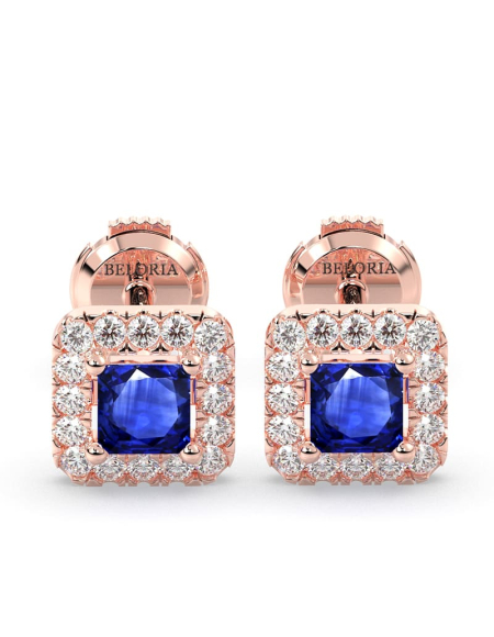Boucles d'oreilles or jaune 18K saphir princesse et halo de diamants 2