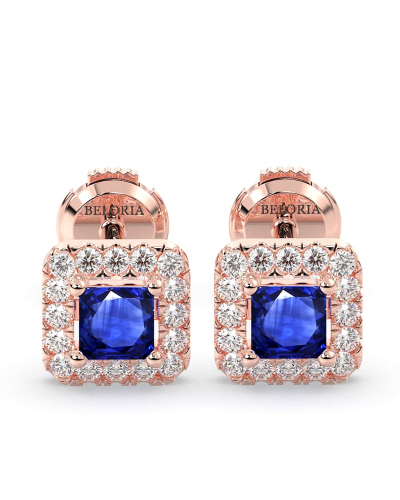 Boucles d'oreilles or rose 18K saphir princesse et halo de diamants