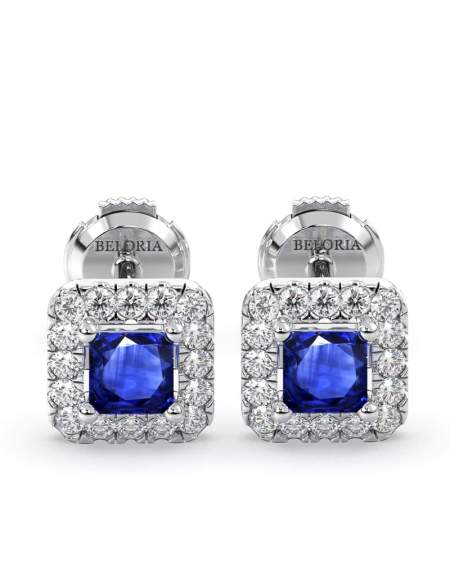 Boucles d'oreilles or jaune 18K saphir princesse et halo de diamants 2