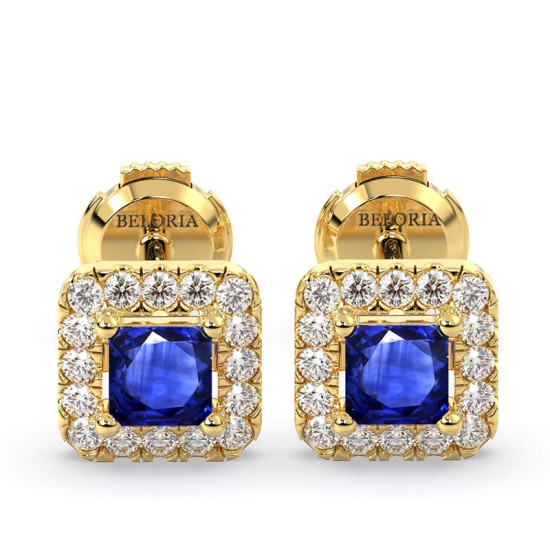 Boucles d'oreilles or jaune 18K saphir princesse et halo de diamants