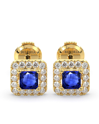 Boucles d'oreilles or jaune 18K saphir princesse et halo de diamants