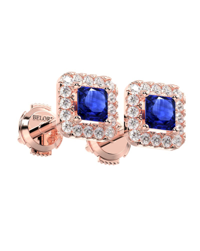 Boucles d'oreilles or rose 18K saphir princesse et halo de diamants