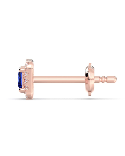 Boucles d'oreilles or rose 18K saphir princesse et halo de diamants