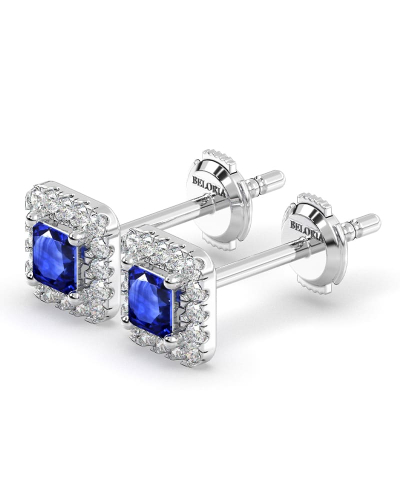 Boucles d'oreilles or blanc 18K saphir princesse et halo de diamants