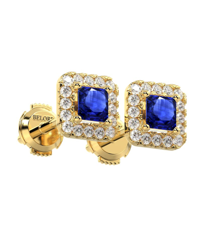 Boucles d'oreilles or jaune 18K saphir princesse et halo de diamants
