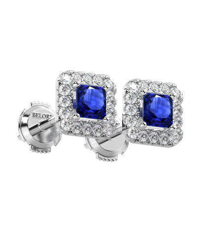 Boucles d'oreilles or blanc 18K saphir princesse et halo de diamants