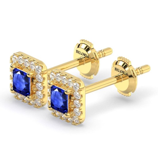 Boucles d'oreilles or jaune 18K saphir princesse et halo de diamants