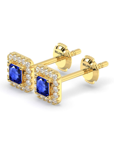 Boucles d'oreilles or jaune 18K saphir princesse et halo de diamants