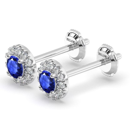 Boucles d'oreilles or blanc 18K saphir rond et halo de diamants