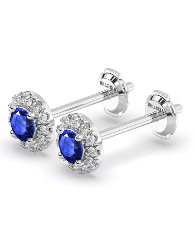 Boucles d'oreilles or blanc 18K saphir rond et halo de diamants