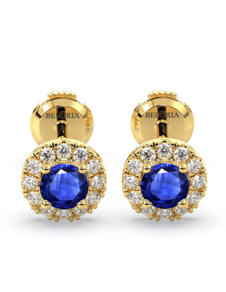 Boucles d'oreilles or blanc 18K saphir rond et halo de diamants 2