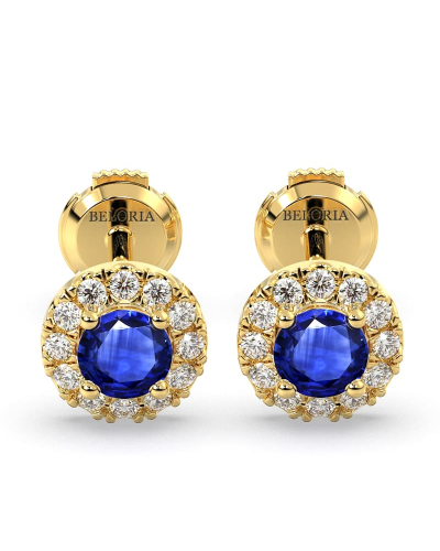 Boucles d'oreilles or jaune 18K saphir rond et halo de diamants