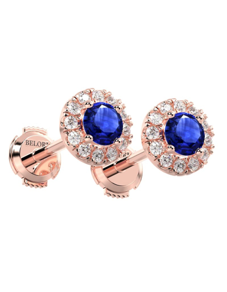 Boucles d'oreilles or blanc 18K saphir rond et halo de diamants 2