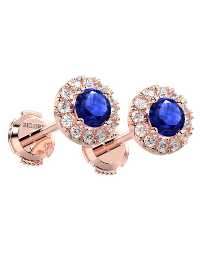 Boucles d'oreilles or rose 18K saphir rond et halo de diamants