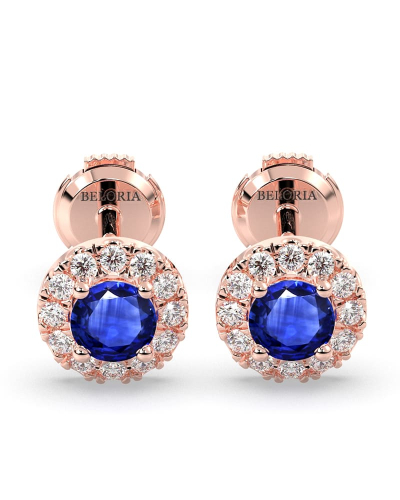 Boucles d'oreilles or rose 18K saphir rond et halo de diamants