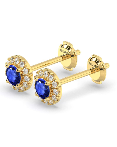 Boucles d'oreilles or jaune 18K saphir rond et halo de diamants