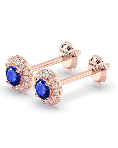 Boucles d'oreilles or rose 18K saphir rond et halo de diamants