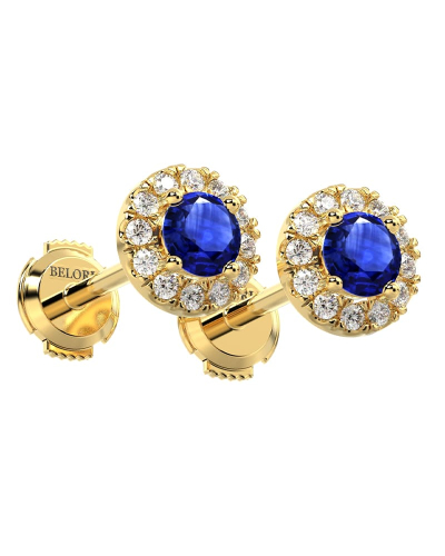 Boucles d'oreilles or jaune 18K saphir rond et halo de diamants
