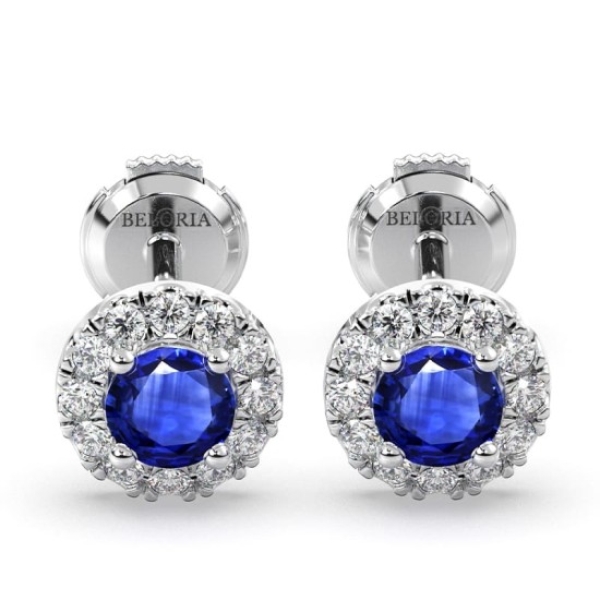 Boucles d'oreilles or blanc 18K saphir rond et halo de diamants