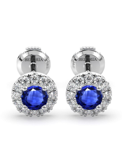 Boucles d'oreilles or blanc 18K saphir rond et halo de diamants