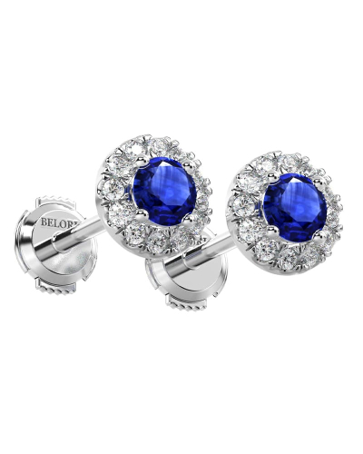 Boucles d'oreilles or blanc 18K saphir rond et halo de diamants