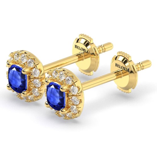 Boucles d'oreilles en or jaune 18k saphir coussin et halo de diamants
