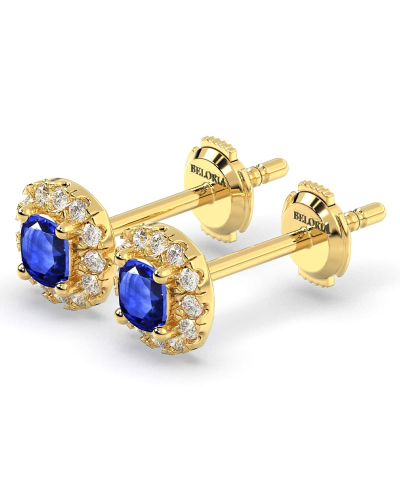 Boucles d'oreilles en or jaune 18k saphir coussin et halo de diamants