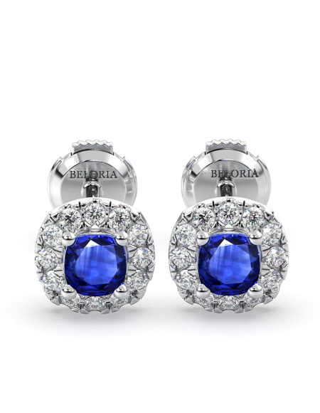Boucles d'oreilles en or jaune 18k saphir coussin et halo de diamants 2