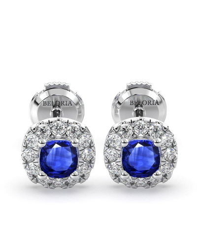 Boucles d'oreilles en or blanc 18k saphir coussin et halo de diamants