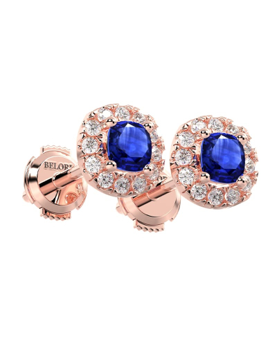 Boucles d'oreilles en or rose 18k saphir coussin et halo de diamants