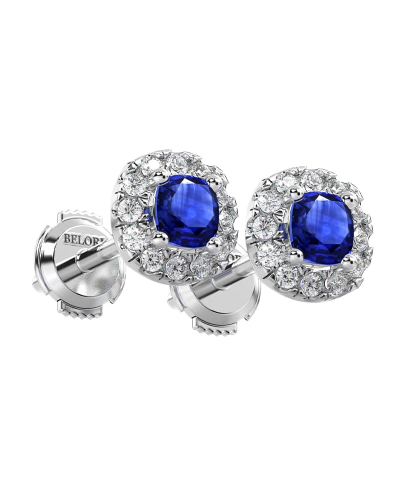 Boucles d'oreilles en or blanc 18k saphir coussin et halo de diamants