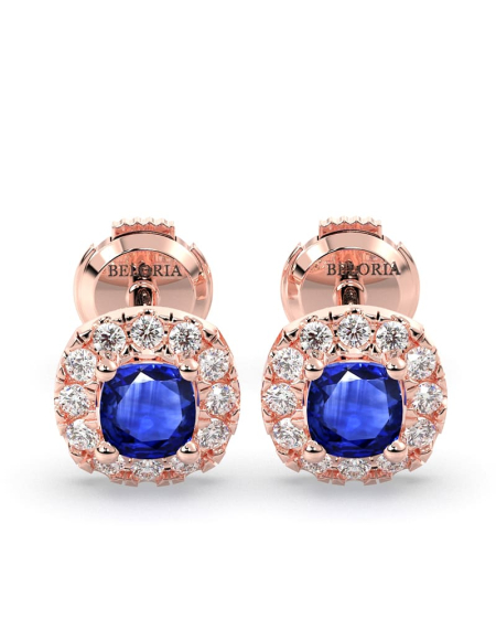 Boucles d'oreilles en or jaune 18k saphir coussin et halo de diamants 2