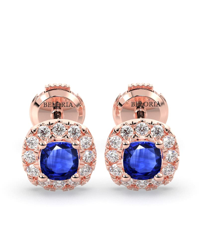 Boucles d'oreilles en or rose 18k saphir coussin et halo de diamants