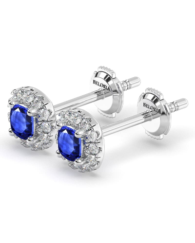 Boucles d'oreilles en or blanc 18k saphir coussin et halo de diamants