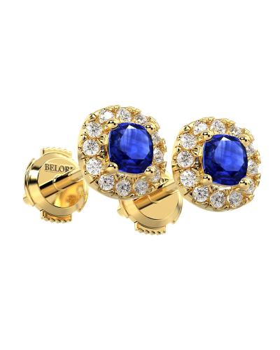 Boucles d'oreilles en or jaune 18k saphir coussin et halo de diamants
