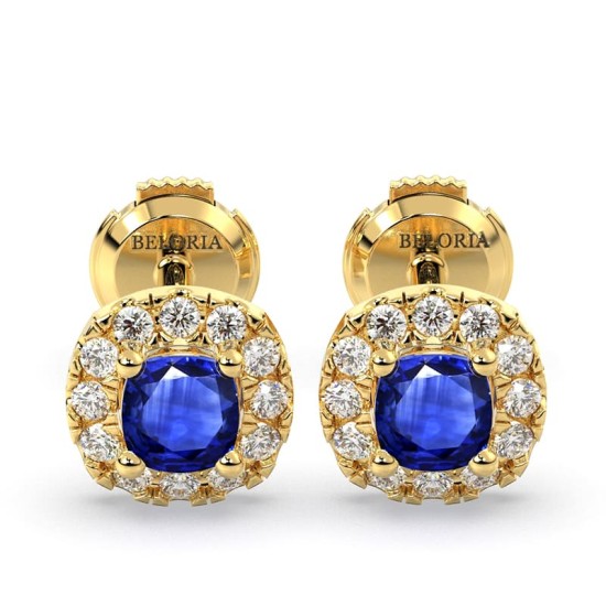 Boucles d'oreilles en or jaune 18k saphir coussin et halo de diamants