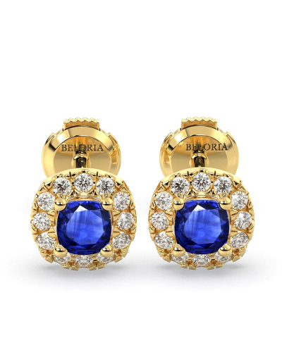 Boucles d'oreilles en or jaune 18k saphir coussin et halo de diamants