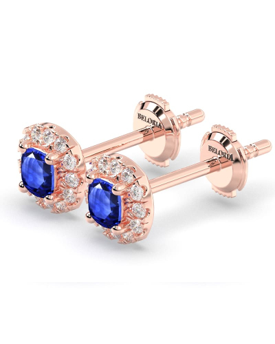 Boucles d'oreilles en or rose 18k saphir coussin et halo de diamants