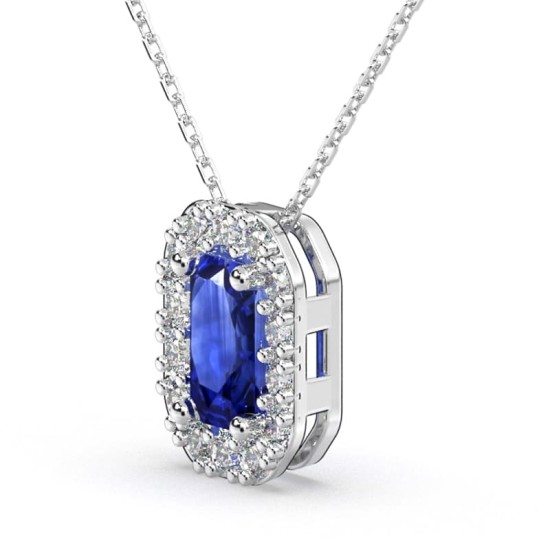 Collier or blanc 18K Saphir émeraude et halo de diamants