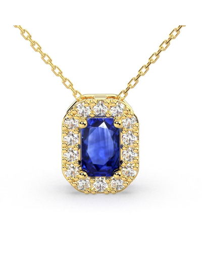 Collier or jaune 18K Saphir émeraude et halo de diamants
