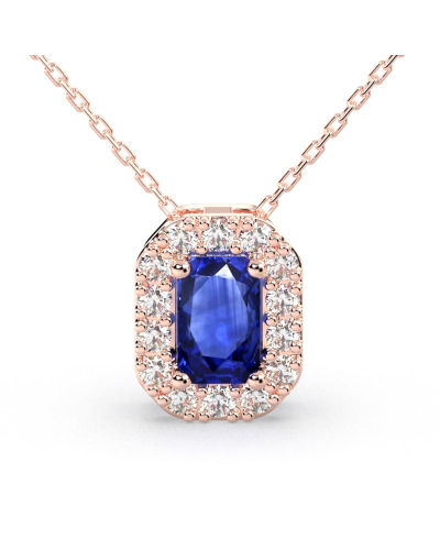Collier or rose 18K Saphir émeraude et halo de diamants