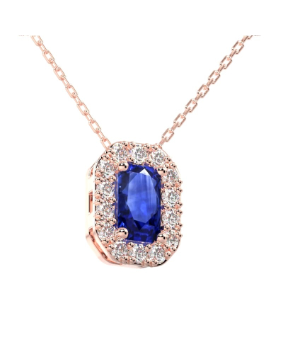 Collier or rose 18K Saphir émeraude et halo de diamants