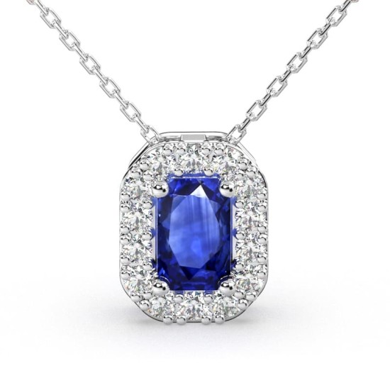 Collier or blanc 18K Saphir émeraude et halo de diamants