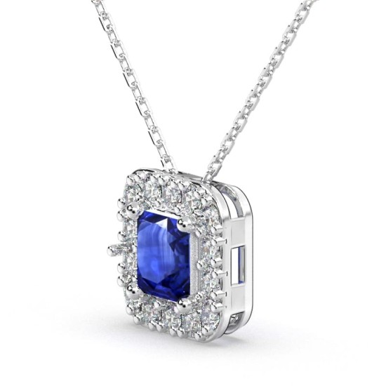 Collier or blanc 18K pendentif saphir princesse avec un halo de diamants